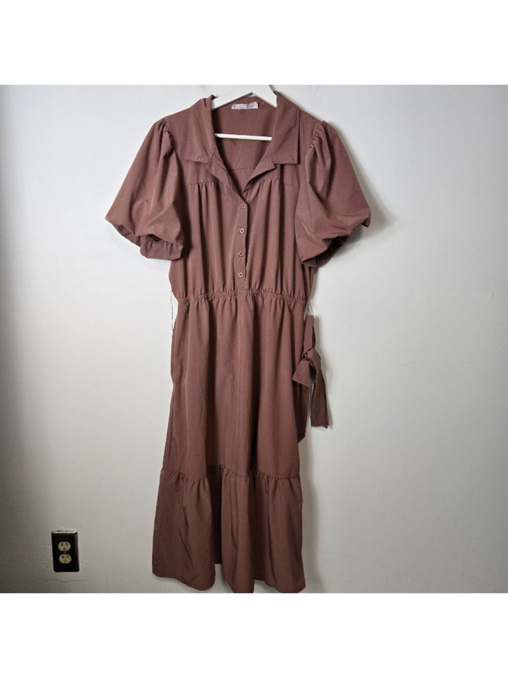 Lucky Brand Size XL Puff Short Sleeve Tie Waist Brown Midi Dress Coquette
